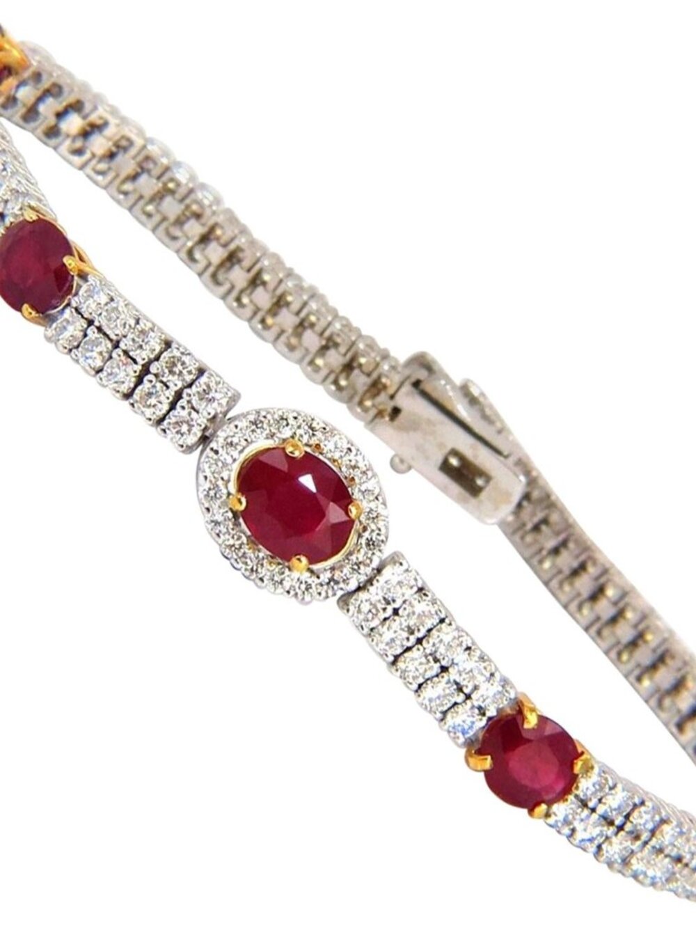7.34ct natural ruby diamonds bracelet regency deco 14kt double row cluster*